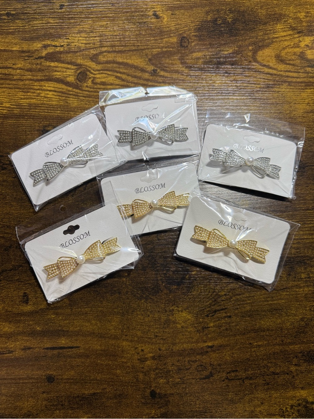 6 Packs - Pearl Center Bow Hair Clip - Gold or Silver